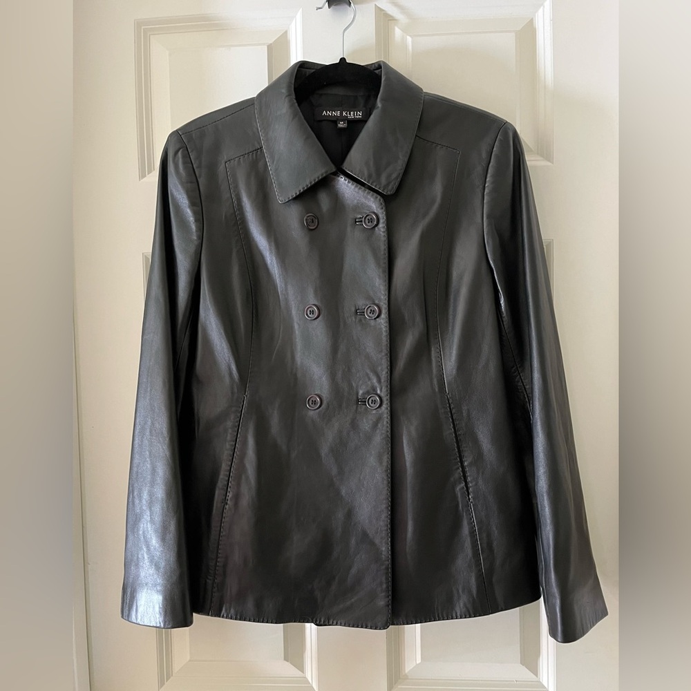 Women’s Anne Klein double breasted jet black 100% leather jacket coat size M